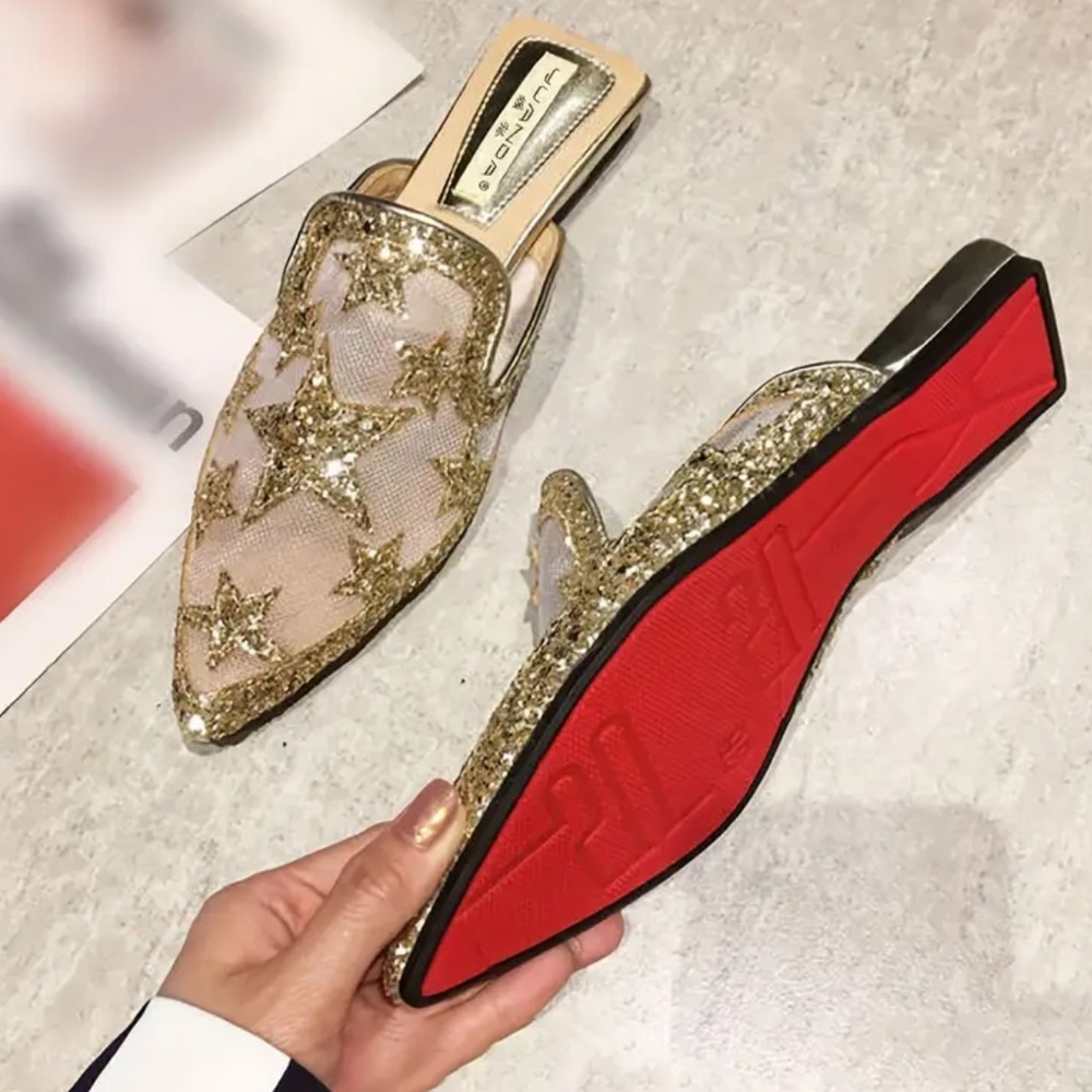 Luxury Stars Mules - Non-Slip Breathable Mesh, Pointed Toe, Sequins, NEW